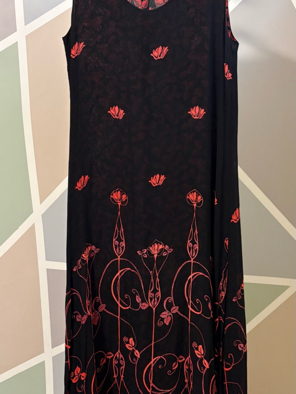 Sleeveless Black Maxi Skirt with Red Floral Motif
